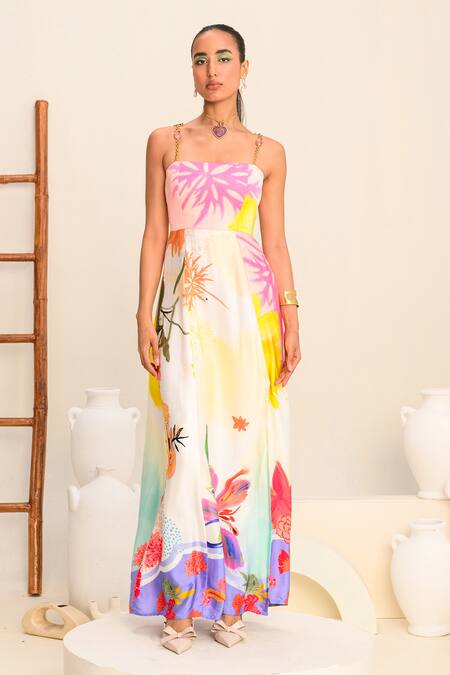 Shop_Juhi Bengani_Multi Color Silk Satin Square Neck Vanila Bloom Printed Maxi Dress _Online_at_Aza_Fashions