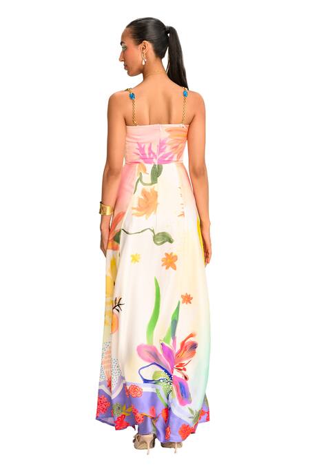 Juhi Bengani_Multi Color Silk Satin Square Neck Vanila Bloom Printed Maxi Dress _at_Aza_Fashions