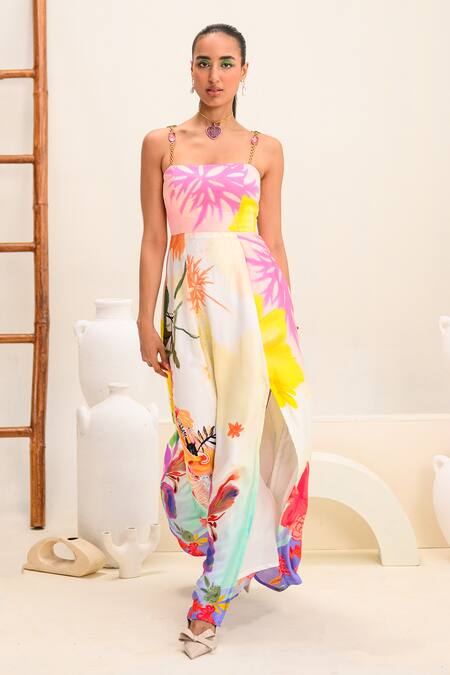 Shop_Juhi Bengani_Multi Color Silk Satin Square Neck Vanila Bloom Printed Maxi Dress 