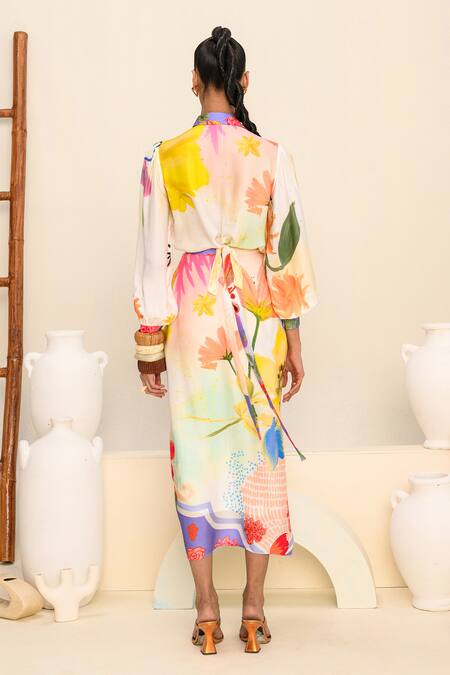 Shop Juhi Bengani Multi Color Silk Satin Printed Floral Vanila Bloom Shirt With Draped Skirt at Aza Fashions Shop_Juhi Bengani_Multi Color Silk Satin Printed Floral Vanila Bloom Shirt With Draped Skirt_at_Aza_Fashions