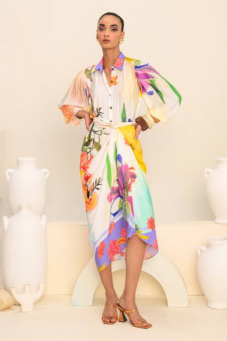 Buy Juhi Bengani Multi Color Silk Satin Printed Floral Vanila Bloom Shirt With Draped Skirt Online at Aza Fashions Buy_Juhi Bengani_Multi Color Silk Satin Printed Floral Vanila Bloom Shirt With Draped Skirt_Online_at_Aza_Fashions