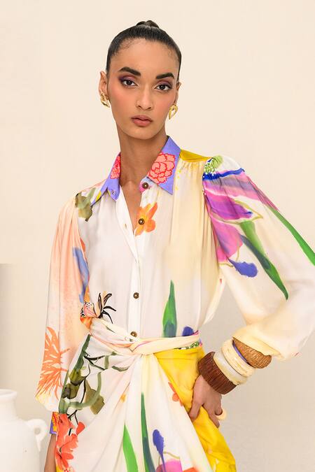 Shop Juhi Bengani Multi Color Silk Satin Printed Floral Vanila Bloom Shirt With Draped Skirt Shop_Juhi Bengani_Multi Color Silk Satin Printed Floral Vanila Bloom Shirt With Draped Skirt