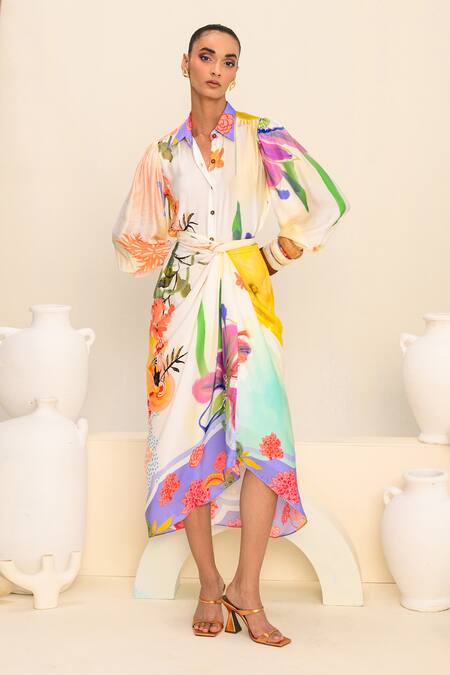 Juhi Bengani_Multi Color Silk Satin Printed Floral Vanila Bloom Skirt_Online_at_Aza_Fashions