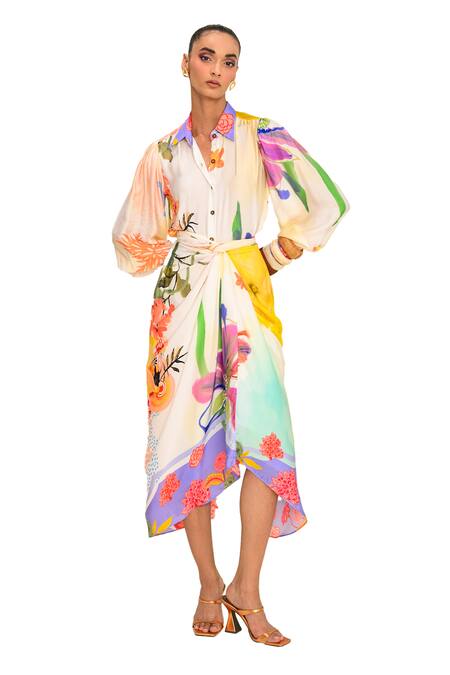 Buy_Juhi Bengani_Multi Color Silk Satin Printed Floral Vanila Bloom Skirt_Online_at_Aza_Fashions