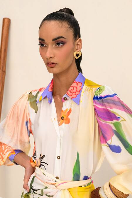 Buy_Juhi Bengani_Multi Color Silk Satin Printed Floral Vanila Bloom Skirt