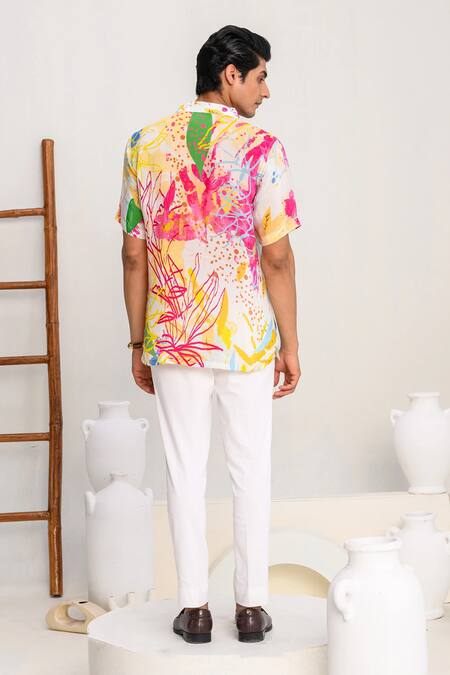 Shop Juhi Bengani Multi Color Crepe Printed Floral Splash Shirt at Aza Fashions Shop_Juhi Bengani_Multi Color Crepe Printed Floral Splash Shirt_at_Aza_Fashions