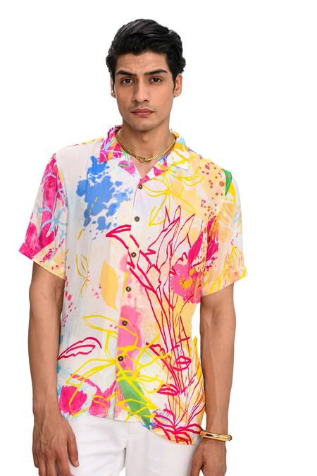 Buy Juhi Bengani Multi Color Crepe Printed Floral Splash Shirt Online at Aza Fashions Buy_Juhi Bengani_Multi Color Crepe Printed Floral Splash Shirt_Online_at_Aza_Fashions