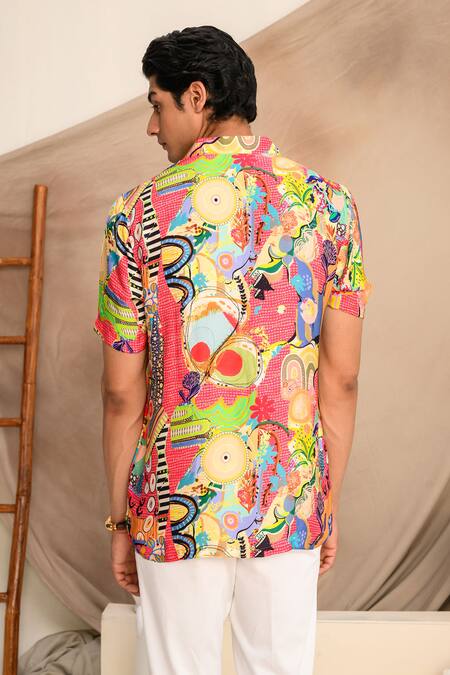 Shop Juhi Bengani Multi Color Shirt Silk Satin Printed Abstract Frenzy Half Sleeve And Pant Set at Aza Fashions Shop_Juhi Bengani_Multi Color Shirt Silk Satin Printed Abstract Frenzy Half Sleeve And Pant Set_at_Aza_Fashions