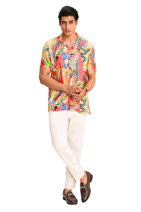 Shop Juhi Bengani Multi Color Shirt Silk Satin Printed Abstract Frenzy Half Sleeve And Pant Set Online at Aza Fashions Shop_Juhi Bengani_Multi Color Shirt Silk Satin Printed Abstract Frenzy Half Sleeve And Pant Set_Online_at_Aza_Fashions