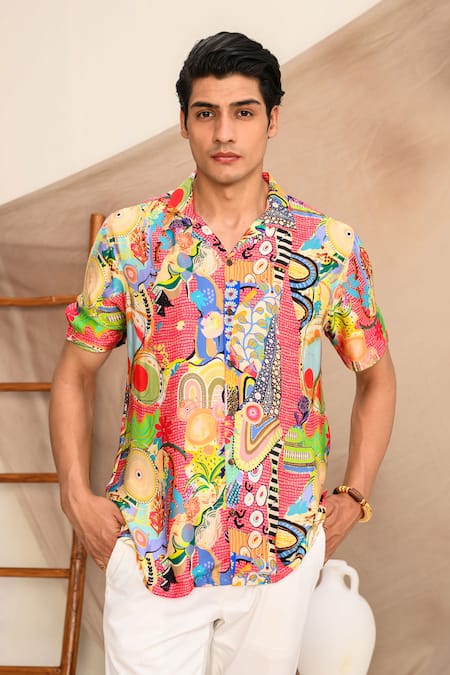 Juhi Bengani Multi Color Shirt Silk Satin Printed Abstract Frenzy Half Sleeve And Pant Set at Aza Fashions Juhi Bengani_Multi Color Shirt Silk Satin Printed Abstract Frenzy Half Sleeve And Pant Set_at_Aza_Fashions