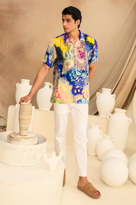 Juhi Bengani_Multi Color Shirt Silk Satin Printed Galaxy Indigoink And Trouser Set_Online_at_Aza_Fashions