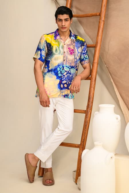 Shop_Juhi Bengani_Multi Color Shirt Silk Satin Printed Galaxy Indigoink And Trouser Set