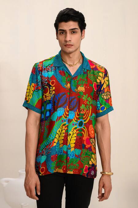 Buy_Juhi Bengani_Multi Color Shirt Silk Satin Printed Floral And Trouser Set_Online_at_Aza_Fashions