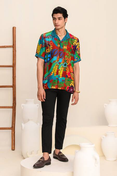 Buy_Juhi Bengani_Multi Color Shirt Silk Satin Printed Floral And Trouser Set