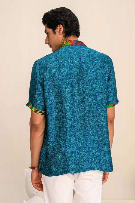 Shop Juhi Bengani Blue Shirt Silk Satin Printed Geometric And Trouser Set at Aza Fashions Shop_Juhi Bengani_Blue Shirt Silk Satin Printed Geometric And Trouser Set_at_Aza_Fashions