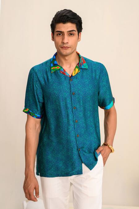 Juhi Bengani Blue Shirt Silk Satin Printed Geometric And Trouser Set Online at Aza Fashions Juhi Bengani_Blue Shirt Silk Satin Printed Geometric And Trouser Set_Online_at_Aza_Fashions