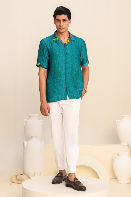 Shop Juhi Bengani Blue Shirt Silk Satin Printed Geometric And Trouser Set Online at Aza Fashions Shop_Juhi Bengani_Blue Shirt Silk Satin Printed Geometric And Trouser Set_Online_at_Aza_Fashions