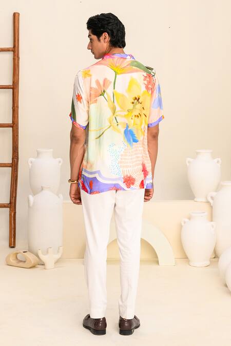 Shop Juhi Bengani Multi Color Shirt Silk Satin Printed Floral Vanila Bloom With Trouser at Aza Fashions Shop_Juhi Bengani_Multi Color Shirt Silk Satin Printed Floral Vanila Bloom With Trouser_at_Aza_Fashions