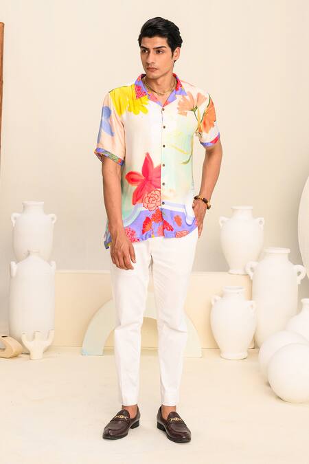 Juhi Bengani Multi Color Shirt Silk Satin Printed Floral Vanila Bloom With Trouser Online at Aza Fashions Juhi Bengani_Multi Color Shirt Silk Satin Printed Floral Vanila Bloom With Trouser_Online_at_Aza_Fashions