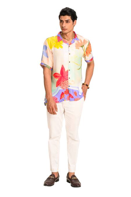 Shop Juhi Bengani Multi Color Shirt Silk Satin Printed Floral Vanila Bloom With Trouser Online at Aza Fashions Shop_Juhi Bengani_Multi Color Shirt Silk Satin Printed Floral Vanila Bloom With Trouser_Online_at_Aza_Fashions