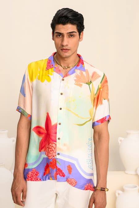 Shop Juhi Bengani Multi Color Shirt Silk Satin Printed Floral Vanila Bloom With Trouser Shop_Juhi Bengani_Multi Color Shirt Silk Satin Printed Floral Vanila Bloom With Trouser