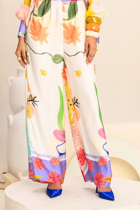 Juhi Bengani_Multi Color Organza, Silk Satin Embroidery Floral Print Pant Set With Bralette_Online_at_Aza_Fashions