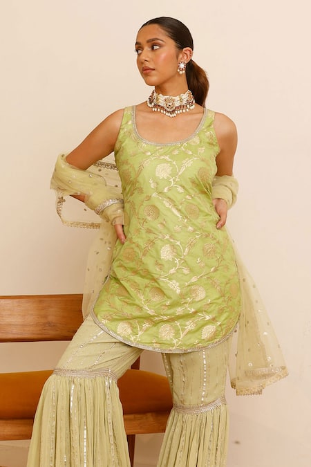 Studio Iris India_Green Silk, Georgette Sequins Round Neck Aleena Floral Woven Kurta Sharara Set _Online_at_Aza_Fashions
