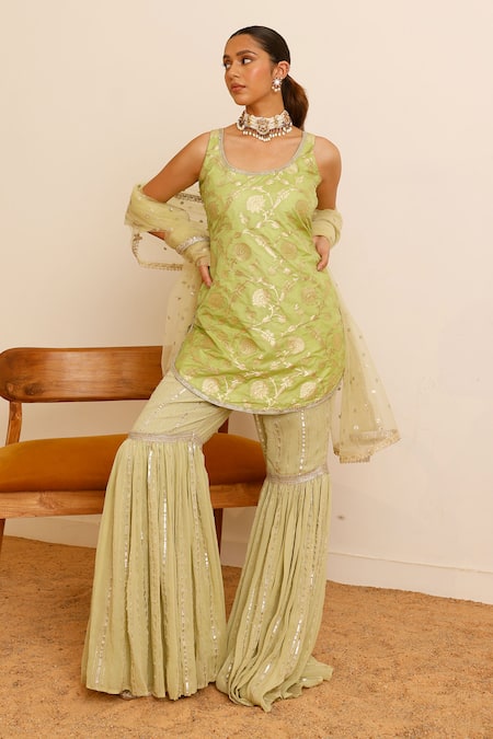 Buy_Studio Iris India_Green Silk, Georgette Sequins Round Neck Aleena Floral Woven Kurta Sharara Set _Online_at_Aza_Fashions