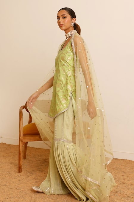 Shop_Studio Iris India_Green Silk, Georgette Sequins Round Neck Aleena Floral Woven Kurta Sharara Set _Online_at_Aza_Fashions