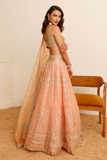 Studio Iris India Peach Organza Sequins, Foil Printing Camelia Work Floral Bridal Lehenga Set Online at Aza Fashions Studio Iris India_Peach Organza Sequins, Foil Printing Camelia Work Floral Bridal Lehenga Set _Online_at_Aza_Fashions