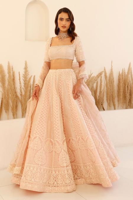 Shop_Studio Iris India_Pink Organza Sequins, Embroidery Square Cherry Blossom Chikankari Lehenga Set _Online_at_Aza_Fashions