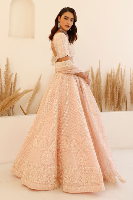 Studio Iris India_Pink Organza Sequins, Embroidery Square Cherry Blossom Chikankari Lehenga Set _at_Aza_Fashions