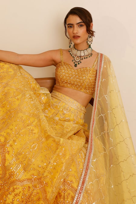 Studio Iris India_Yellow Organza Sequins, Beads Daffodil Floral Thread Embroidered Lehenga Set _Online_at_Aza_Fashions