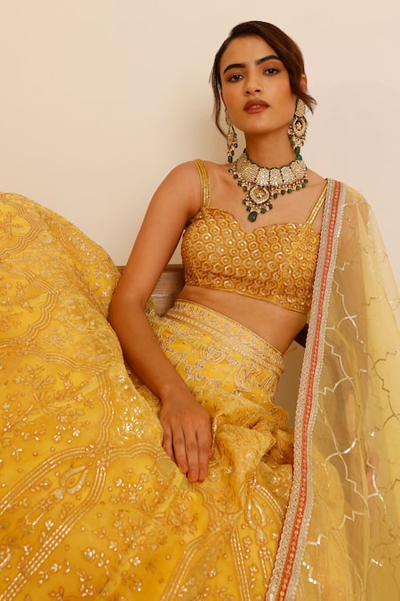 Buy_Studio Iris India_Yellow Organza Sequins, Beads Daffodil Floral Thread Embroidered Lehenga Set _Online_at_Aza_Fashions