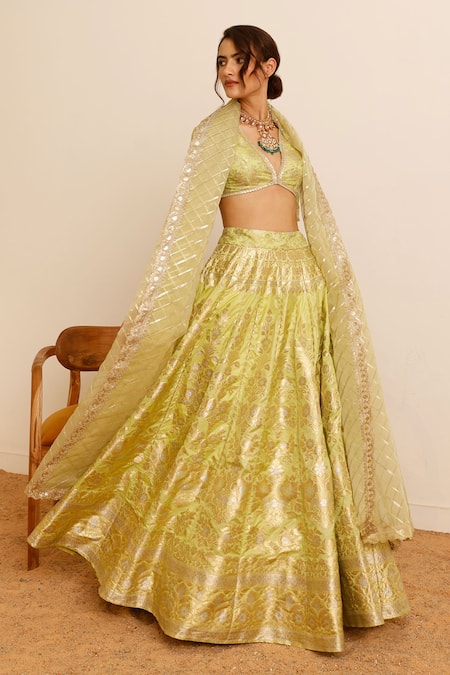 Studio Iris India Green Silk Woven Sequin Plunge V-neck Fressia Lehenga Set