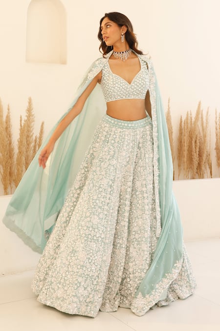 Studio Iris India_Blue Organza Pearls, Sequins, Hyacinth Floral Embroidered Bridal Lehenga Set _Online_at_Aza_Fashions