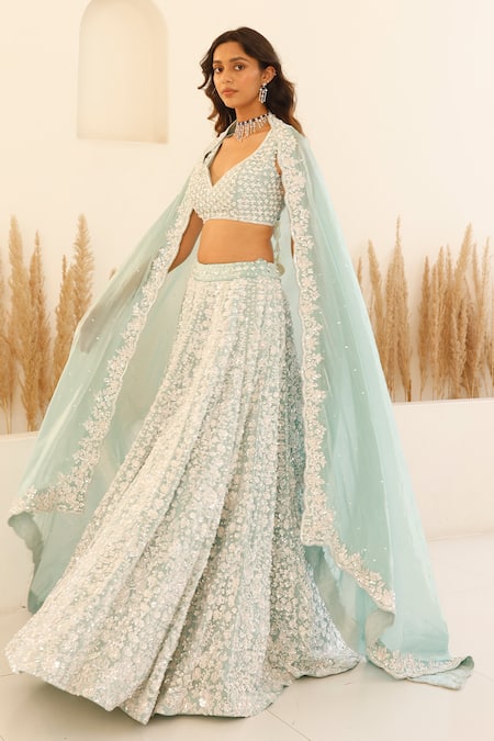 Buy_Studio Iris India_Blue Organza Pearls, Sequins, Hyacinth Floral Embroidered Bridal Lehenga Set _Online_at_Aza_Fashions