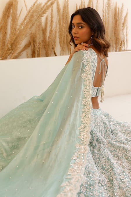 Studio Iris India_Blue Organza Pearls, Sequins, Hyacinth Floral Embroidered Bridal Lehenga Set _at_Aza_Fashions