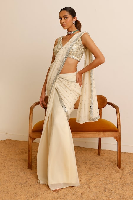 Studio Iris India_Ivory Georgette Sequins, Mirrors, Magnolia Pre-draped Saree With Blouse _Online_at_Aza_Fashions