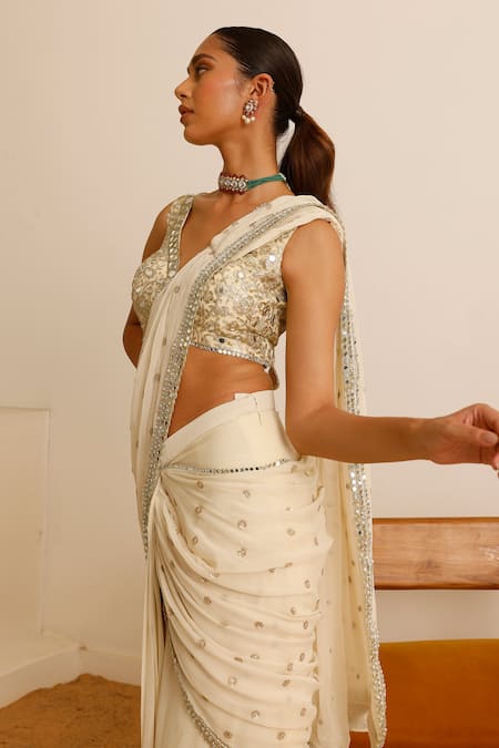 Buy_Studio Iris India_Ivory Georgette Sequins, Mirrors, Magnolia Pre-draped Saree With Blouse _Online_at_Aza_Fashions