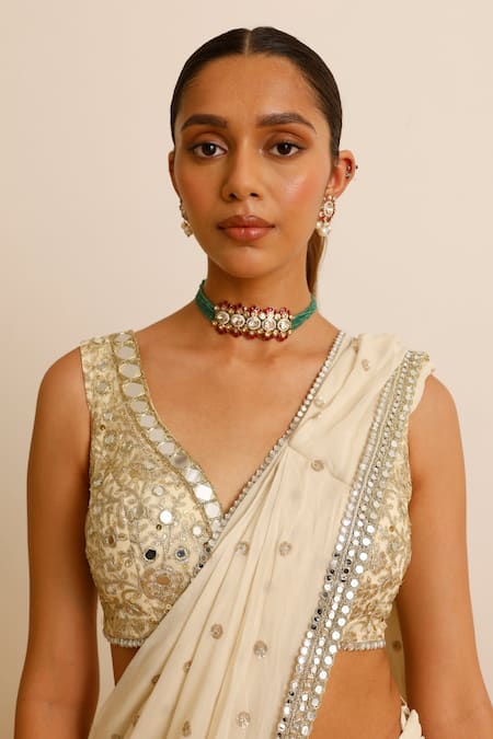 Shop_Studio Iris India_Ivory Georgette Sequins, Mirrors, Magnolia Pre-draped Saree With Blouse _Online_at_Aza_Fashions
