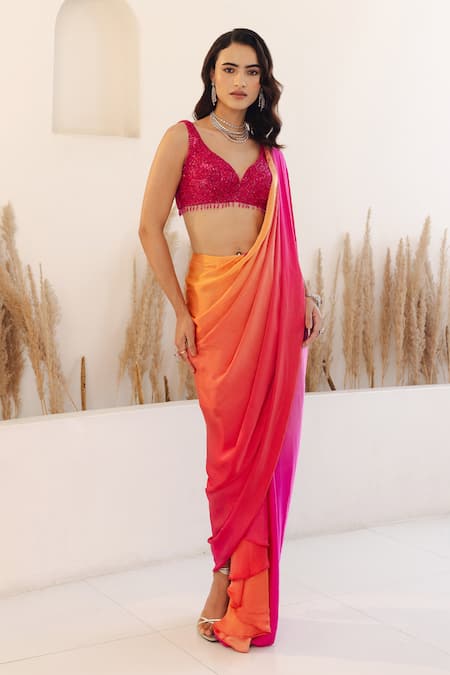 Studio Iris India Mimosa Ombre Pre-Draped Saree With Embroidered Blouse