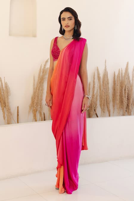 Studio Iris India_Orange Satin Sequins, Mimosa Ombre Pre-draped Saree With Embroidered Blouse _Online_at_Aza_Fashions