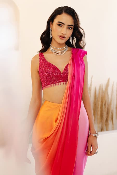 Shop_Studio Iris India_Orange Satin Sequins, Mimosa Ombre Pre-draped Saree With Embroidered Blouse _Online_at_Aza_Fashions