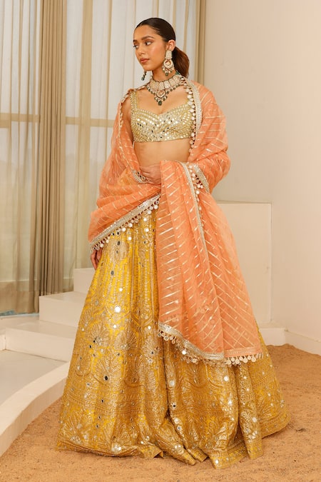 Studio Iris India_Yellow Organza Sequins, Mirrors Nazma Foil Embroidered Floral Lehenga Set _Online_at_Aza_Fashions