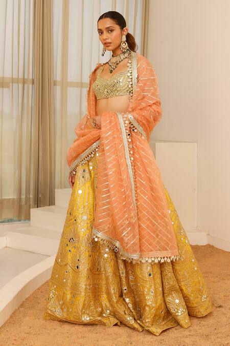 Buy_Studio Iris India_Yellow Organza Sequins, Mirrors Nazma Foil Embroidered Floral Lehenga Set _Online_at_Aza_Fashions
