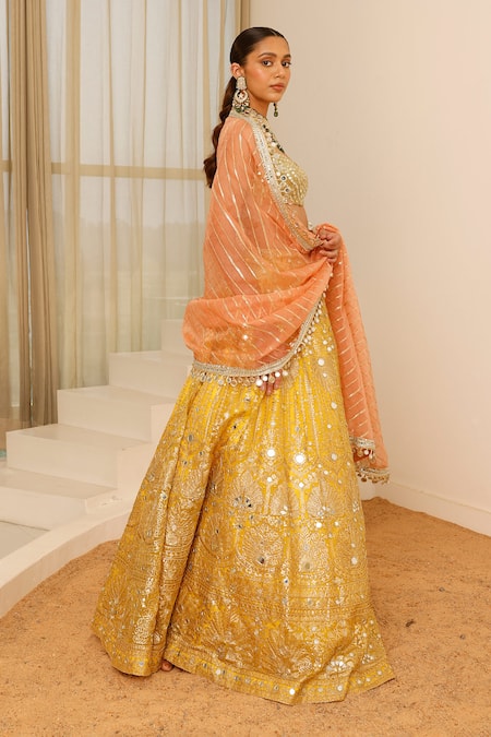 Shop_Studio Iris India_Yellow Organza Sequins, Mirrors Nazma Foil Embroidered Floral Lehenga Set _Online_at_Aza_Fashions