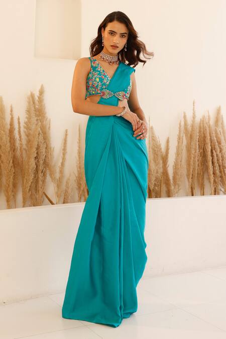 Studio Iris India_Green Silk Sequins, Beads Pansy Plain Pre-draped Saree With Embroidered Blouse _Online_at_Aza_Fashions