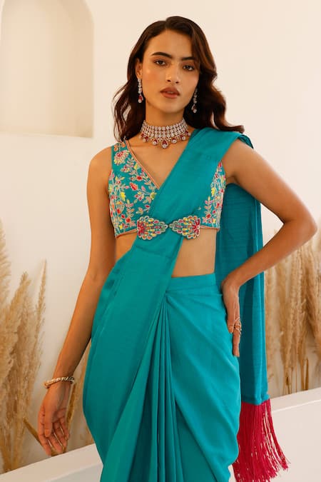 Buy_Studio Iris India_Green Silk Sequins, Beads Pansy Plain Pre-draped Saree With Embroidered Blouse _Online_at_Aza_Fashions