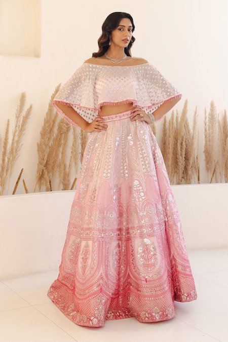 Studio Iris India Pink Organza Sequins, Beads Petunia Foil Embroidered Lehenga With Blouse Online at Aza Fashions Studio Iris India_Pink Organza Sequins, Beads Petunia Foil Embroidered Lehenga With Blouse _Online_at_Aza_Fashions